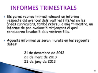    Els pares rebreu trimestralment un informe
    respecte als avenços dels vostres fills/es en les
    àrees curriculars, també rebreu, a mig trimestre, un
    informe de pre-avaluació mitjançant el qual
    coneixereu l’evolució dels vostres fills.

   Aquests informes us seran lliurats en les següents
    dates:

              21 de desembre de 2012
              22 de març de 2013
              22 de juny de 2013

                                                           15
 