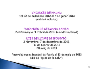 VACANCES DE NADAL:
     Del 22 de desembre 2012 al 7 de gener 2013
                  (ambdós inclosos).


         VACANCES DE SETMANA SANTA:
  Del 23 març a l’1 d’abril de 2013 (ambdós inclosos)

           DIES DE LLIURE DISPOSICIÓ:
         2 Novembre, 7 de desembre de 2012,
                11 de febrer de 2013
                  20 maig de 2013

Recordeu que a Sabadell és festiu el 13 de maig de 2013
              (dia de l’aplec de la Salut).


                                                          16
 