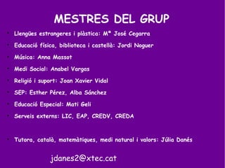 MESTRES DEL GRUP

Llengües estrangeres i plàstica: Mª José Cegarra

Educació física, biblioteca i castellà: Jordi Noguer

Música: Anna Massot

Medi Social: Anabel Vargas

Religió i suport: Joan Xavier Vidal

SEP: Esther Pérez, Alba Sánchez

Educació Especial: Mati Geli

Serveis externs: LIC, EAP, CREDV, CREDA

Tutora, català, matemàtiques, medi natural i valors: Júlia Danés
jdanes2@xtec.cat
 