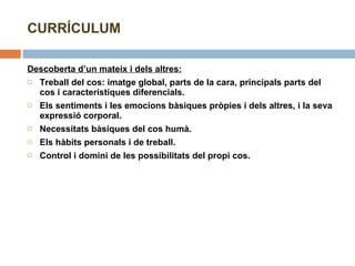 CURRÍCULUM Descoberta d’un mateix i dels altres: Treball del cos: imatge global, parts de la cara, principals parts del cos i característiques diferencials. Els sentiments i les emocions bàsiques pròpies i dels altres, i la seva expressió corporal. Necessitats bàsiques del cos humà. Els hàbits personals i de treball. Control i domini de les possibilitats del propi cos. 
