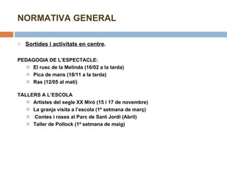NORMATIVA GENERAL Sortides i activitats en centre . PEDAGOGIA DE L’ESPECTACLE: El rusc de la Melinda (16/02 a la tarda) Pica de mans (18/11 a la tarda) Ras (12/05 al matí) TALLERS A L’ESCOLA Artistes del segle XX Miró (15 i 17 de novembre) La granja visita a l’escola (1ª setmana de març) Contes i roses al Parc de Sant Jordi (Abril) Taller de Pollock (1ª setmana de maig) 