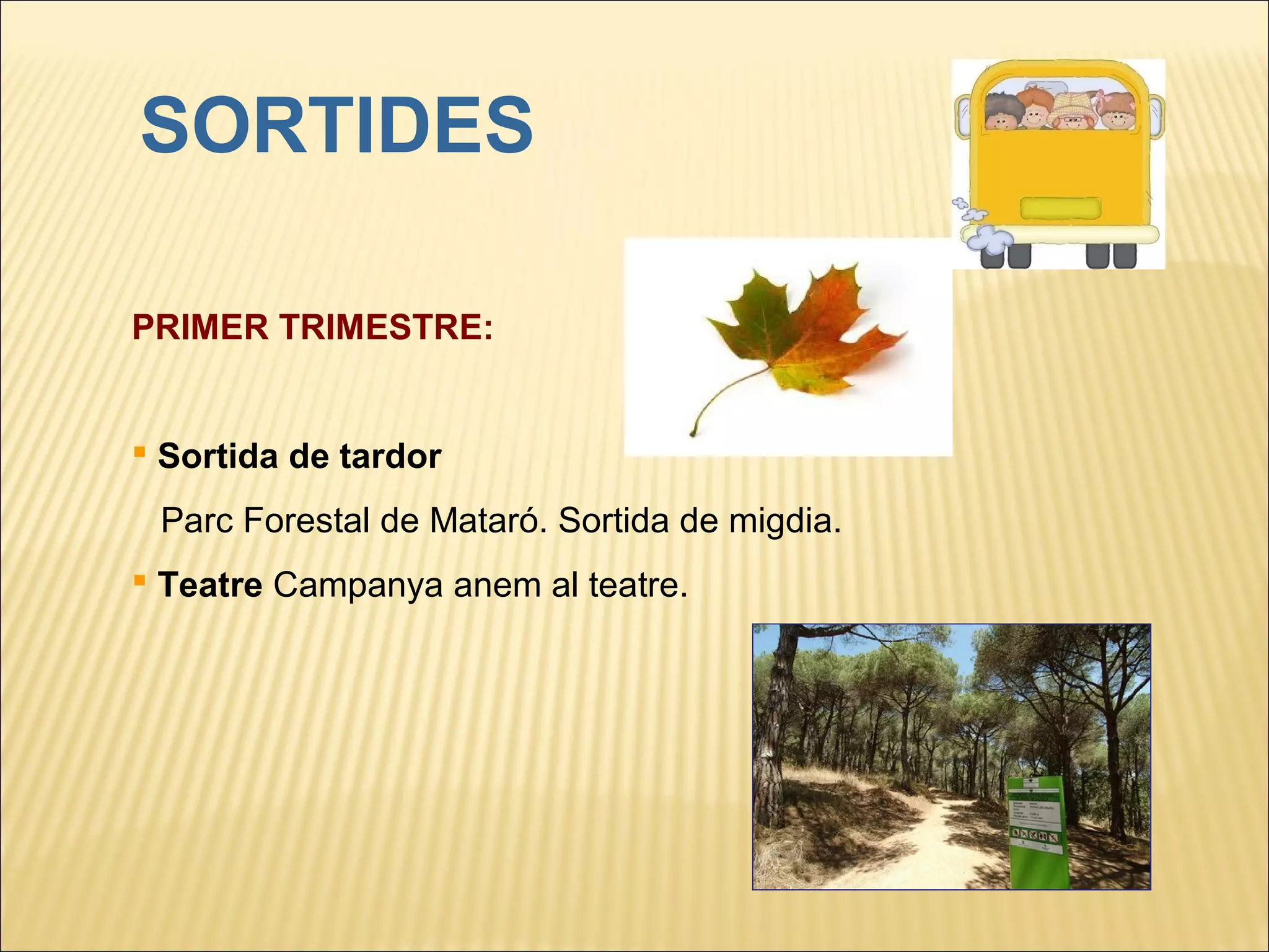 SORTIDES

PRIMER TRIMESTRE:


 Sortida de tardor
 Parc Forestal de Mataró. Sortida de migdia.
 Teatre Campanya anem al teatre.
 