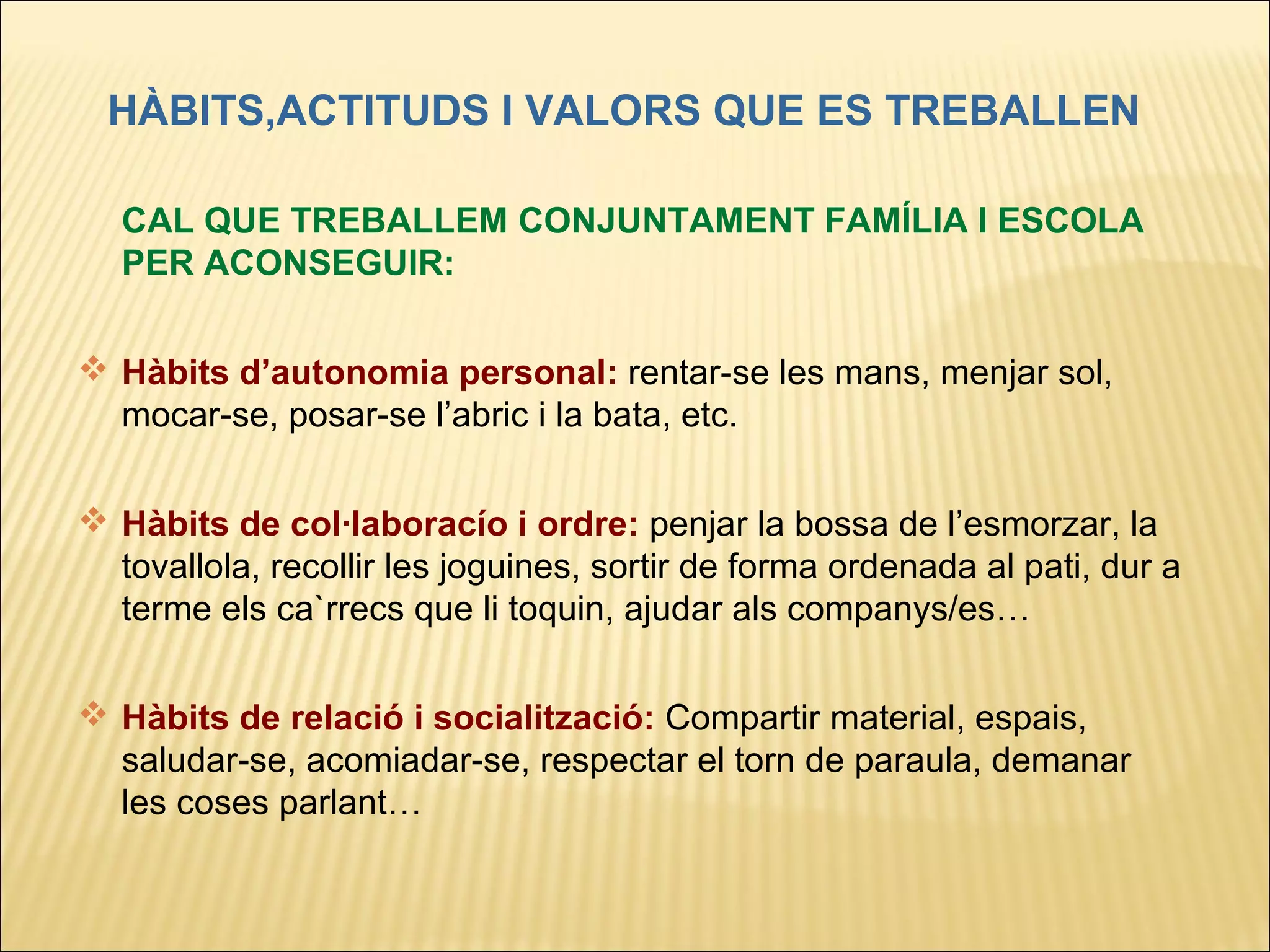 HÀBITS,ACTITUDS I VALORS QUE ES TREBALLEN

  CAL QUE TREBALLEM CONJUNTAMENT FAMÍLIA I ESCOLA
  PER ACONSEGUIR:


 Hàbits d’autonomia personal: rentar-se les mans, menjar sol,
  mocar-se, posar-se l’abric i la bata, etc.

 Hàbits de col·laboracío i ordre: penjar la bossa de l’esmorzar, la
  tovallola, recollir les joguines, sortir de forma ordenada al pati, dur a
  terme els ca`rrecs que li toquin, ajudar als companys/es…

 Hàbits de relació i socialització: Compartir material, espais,
  saludar-se, acomiadar-se, respectar el torn de paraula, demanar
  les coses parlant…
 