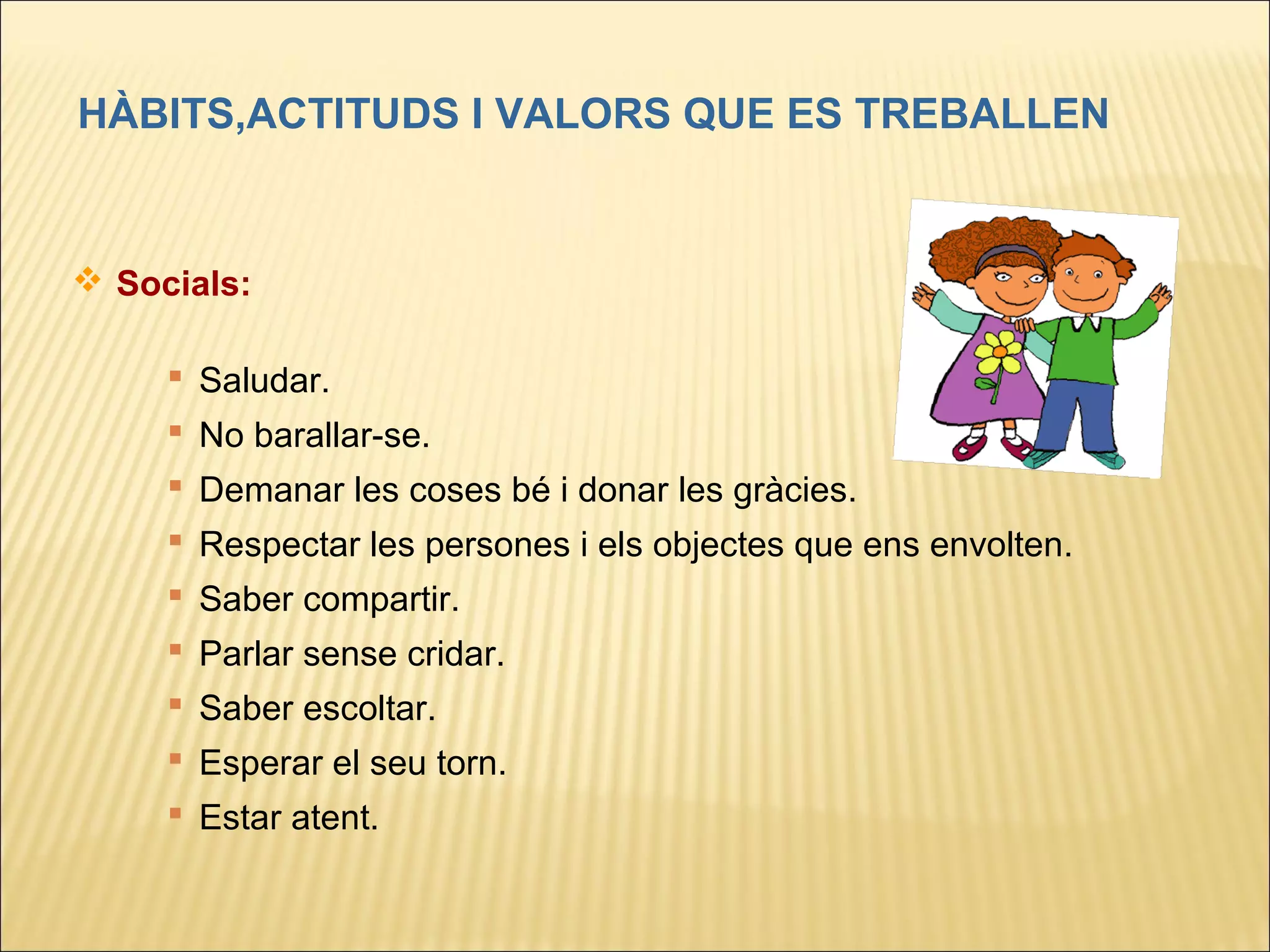 HÀBITS,ACTITUDS I VALORS QUE ES TREBALLEN


 Socials:

      Saludar.
      No barallar-se.
      Demanar les coses bé i donar les gràcies.
      Respectar les persones i els objectes que ens envolten.
      Saber compartir.
      Parlar sense cridar.
      Saber escoltar.
      Esperar el seu torn.
      Estar atent.
 