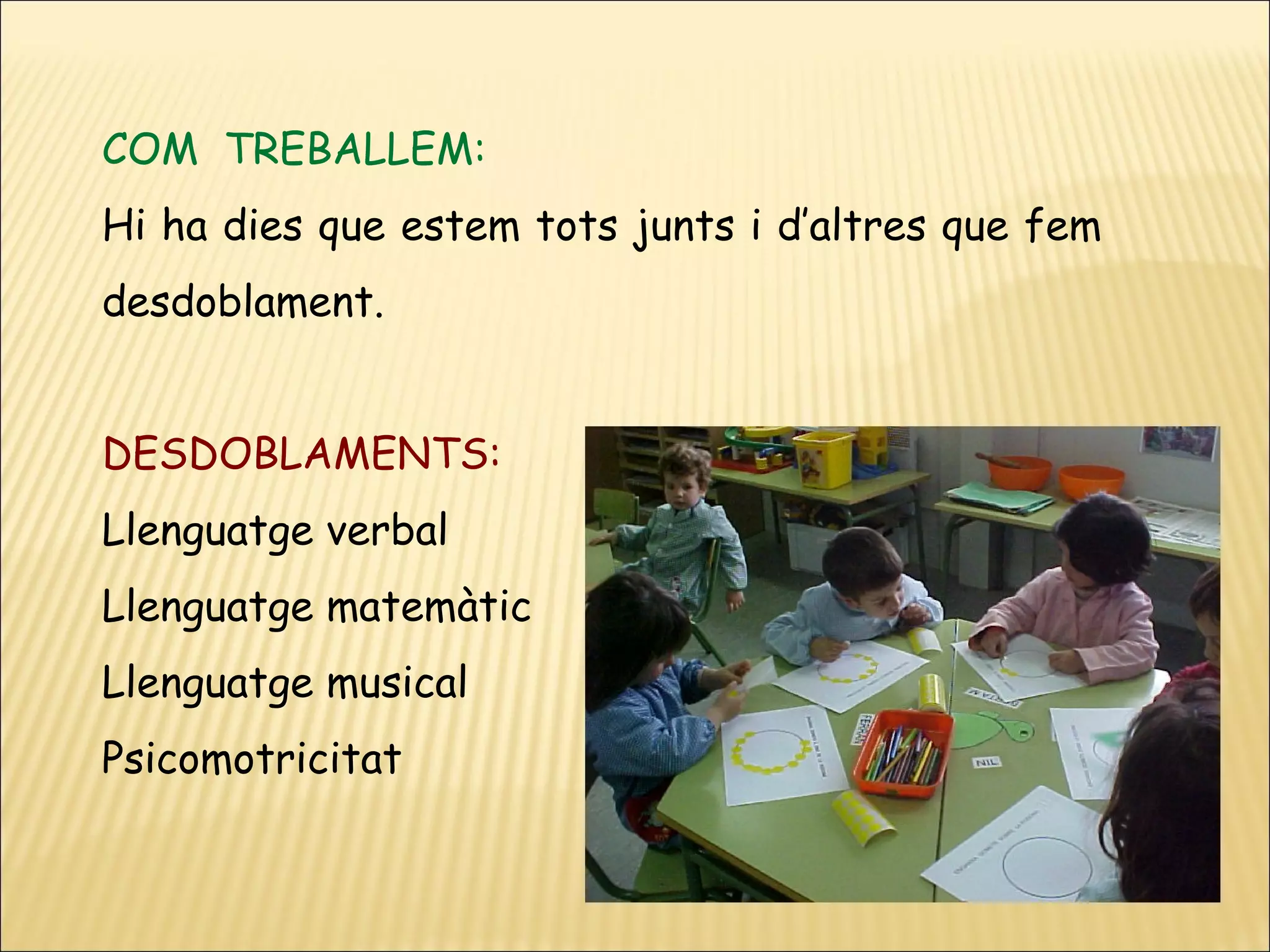 COM TREBALLEM:
Hi ha dies que estem tots junts i d’altres que fem
desdoblament.


DESDOBLAMENTS:
Llenguatge verbal
Llenguatge matemàtic
Llenguatge musical
Psicomotricitat
 