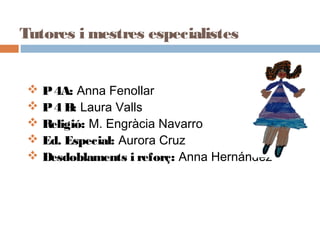 Tutores i mestres especialistes


    P 4A: Anna Fenollar
    P 4 B: Laura Valls
    Religió: M. Engràcia Navarro
    ...