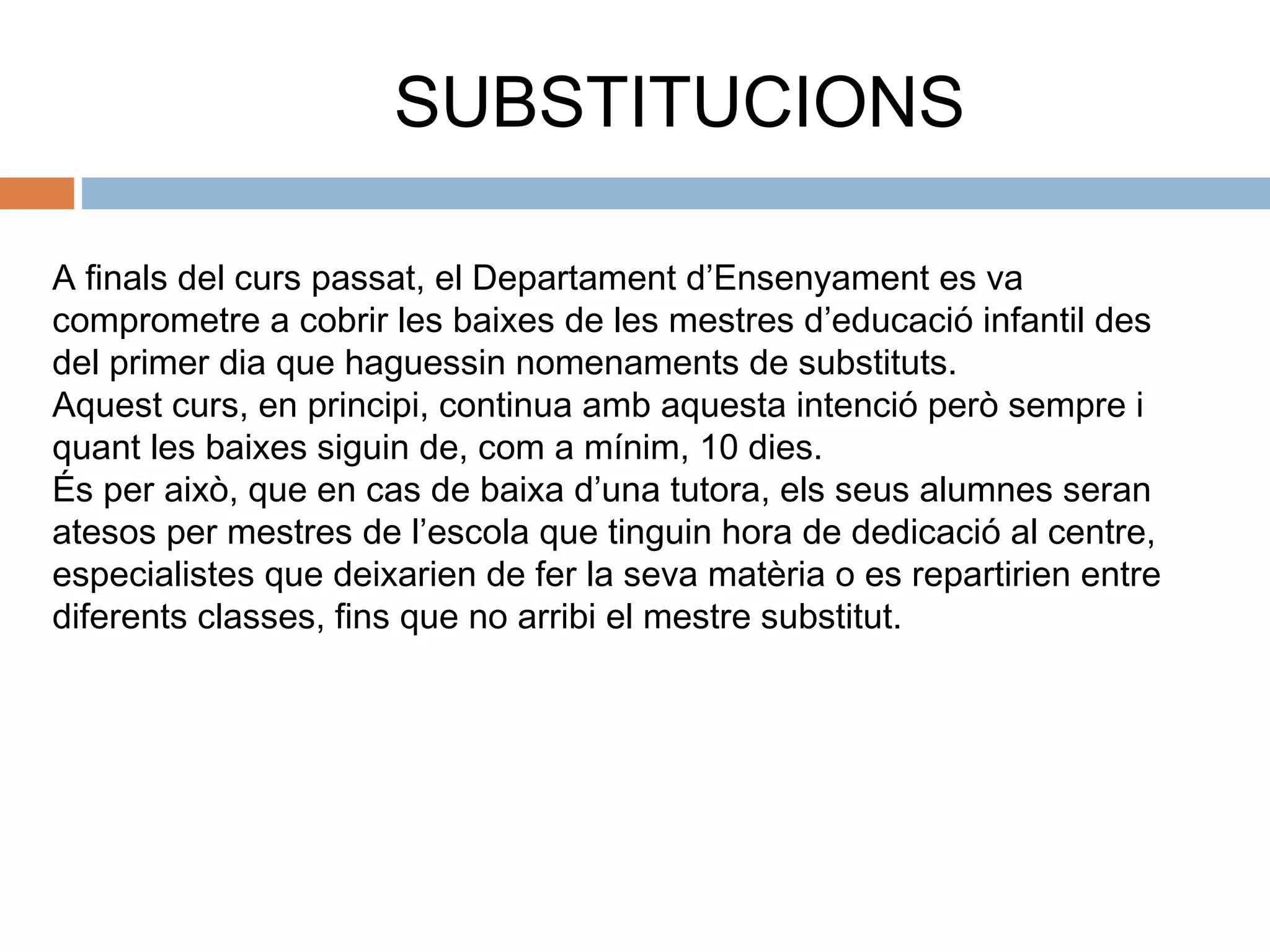SUBSTITUCIONS
A finals del curs passat, el Departament d’Ensenyament es va
comprometre a cobrir les baixes de les mestres d’educació infantil des
del primer dia que haguessin nomenaments de substituts.
Aquest curs, en principi, continua amb aquesta intenció però sempre i
quant les baixes siguin de, com a mínim, 10 dies.
És per això, que en cas de baixa d’una tutora, els seus alumnes seran
atesos per mestres de l’escola que tinguin hora de dedicació al centre,
especialistes que deixarien de fer la seva matèria o es repartirien entre
diferents classes, fins que no arribi el mestre substitut.
 