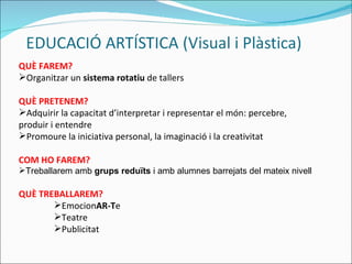 QUÈ FAREM? Organitzar un  sistema rotatiu  de tallers QUÈ PRETENEM? Adquirir la capacitat d’interpretar i representar el món: percebre, produir i entendre Promoure la iniciativa personal, la imaginació i la creativitat COM HO FAREM? Treballarem amb  grups reduïts  i amb alumnes barrejats del mateix nivell QUÈ TREBALLAREM? Emocion AR-T e Teatre Publicitat 