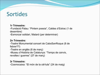 1r Trimestre: Fundació Palau: “Pintem poesia”, Caldes d’Estrac (1 de desembre) Esmorzar solidari, Mataró (per determinar) 2n Trimestre: Teatre Monumental concert de CaboSanRoque (8 de febrer??) Teatre en anglès (6 de març) Museu d’Història de Catalunya: “Temps de canvis, revoltes i guerres” (27 de març) 3r Trimestre: Cosmocaixa: “El món de la cèl·lula” (24 de maig) 