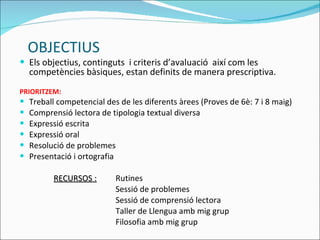   OBJECTIUS Els objectius, continguts  i criteris d’avaluació  així com les competències bàsiques, estan definits de manera prescriptiva. PRIORITZEM: Treball competencial des de les diferents àrees (Proves de 6è: 7 i 8 maig) Comprensió lectora de tipologia textual diversa Expressió escrita Expressió oral Resolució de problemes Presentació i ortografia   RECURSOS :   Rutines Sessió de problemes Sessió de comprensió lectora Taller de Llengua amb mig grup   Filosofia amb mig grup 
