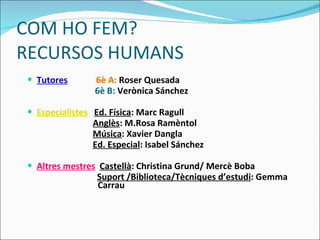 COM HO FEM? RECURSOS HUMANS Tutores   6è A:  Roser Quesada 6è B:  Verònica Sánchez Especialistes   Ed. Física : Marc Ragull Anglès : M.Rosa Ramèntol Música : Xavier Dangla Ed. Especial : Isabel Sánchez Altres mestres   Castellà : Christina Grund/ Mercè Boba Suport /Biblioteca/Tècniques d’estudi : Gemma    Carrau 