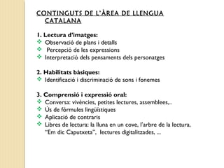 CONTINGUTS DE L’ÀREA DE LLENGUA 
CATALANA 
1. Lectura d’imatges: 
 Observació de plans i detalls 
 Percepció de les expressions 
 Interpretació dels pensaments dels personatges 
2. Habilitats bàsiques: 
 Identificació i discriminació de sons i fonemes 
3. Comprensió i expressió oral: 
 Conversa: vivències, petites lectures, assemblees,.. 
 Ús de fórmules lingüístiques 
 Aplicació de contraris 
 Libres de lectura: la lluna en un cove, l’arbre de la lectura, 
“Em dic Caputxeta”, lectures digitalitzades, ... 
 