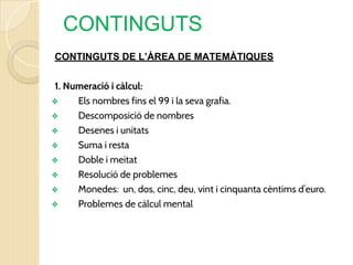 CONTINGUTS
CONTINGUTS DE L’ÀREA DE MATEMÀTIQUES
1. Numeració i càlcul:
❖ Els nombres fins el 99 i la seva grafia.
❖ Descomposició de nombres
❖ Desenes i unitats
❖ Suma i resta
❖ Doble i meitat
❖ Resolució de problemes
❖ Monedes: un, dos, cinc, deu, vint i cinquanta cèntims d’euro.
❖ Problemes de càlcul mental
 