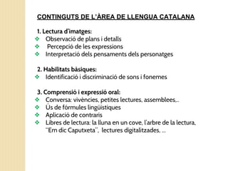 CONTINGUTS DE L’ÀREA DE LLENGUA CATALANA
1. Lectura d’imatges:
❖ Observació de plans i detalls
❖ Percepció de les expressions
❖ Interpretació dels pensaments dels personatges
2. Habilitats bàsiques:
❖ Identificació i discriminació de sons i fonemes
3. Comprensió i expressió oral:
❖ Conversa: vivències, petites lectures, assemblees,..
❖ Ús de fórmules lingüístiques
❖ Aplicació de contraris
❖ Libres de lectura: la lluna en un cove, l’arbre de la lectura,
“Em dic Caputxeta”, lectures digitalitzades, ...
 