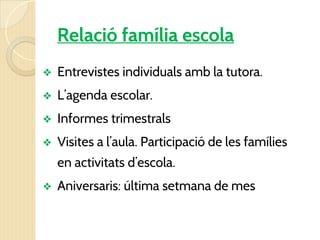 Relació família escola
❖ Entrevistes individuals amb la tutora.
❖ L’agenda escolar.
❖ Informes trimestrals
❖ Visites a l’aula. Participació de les famílies
en activitats d’escola.
❖ Aniversaris: última setmana de mes
 