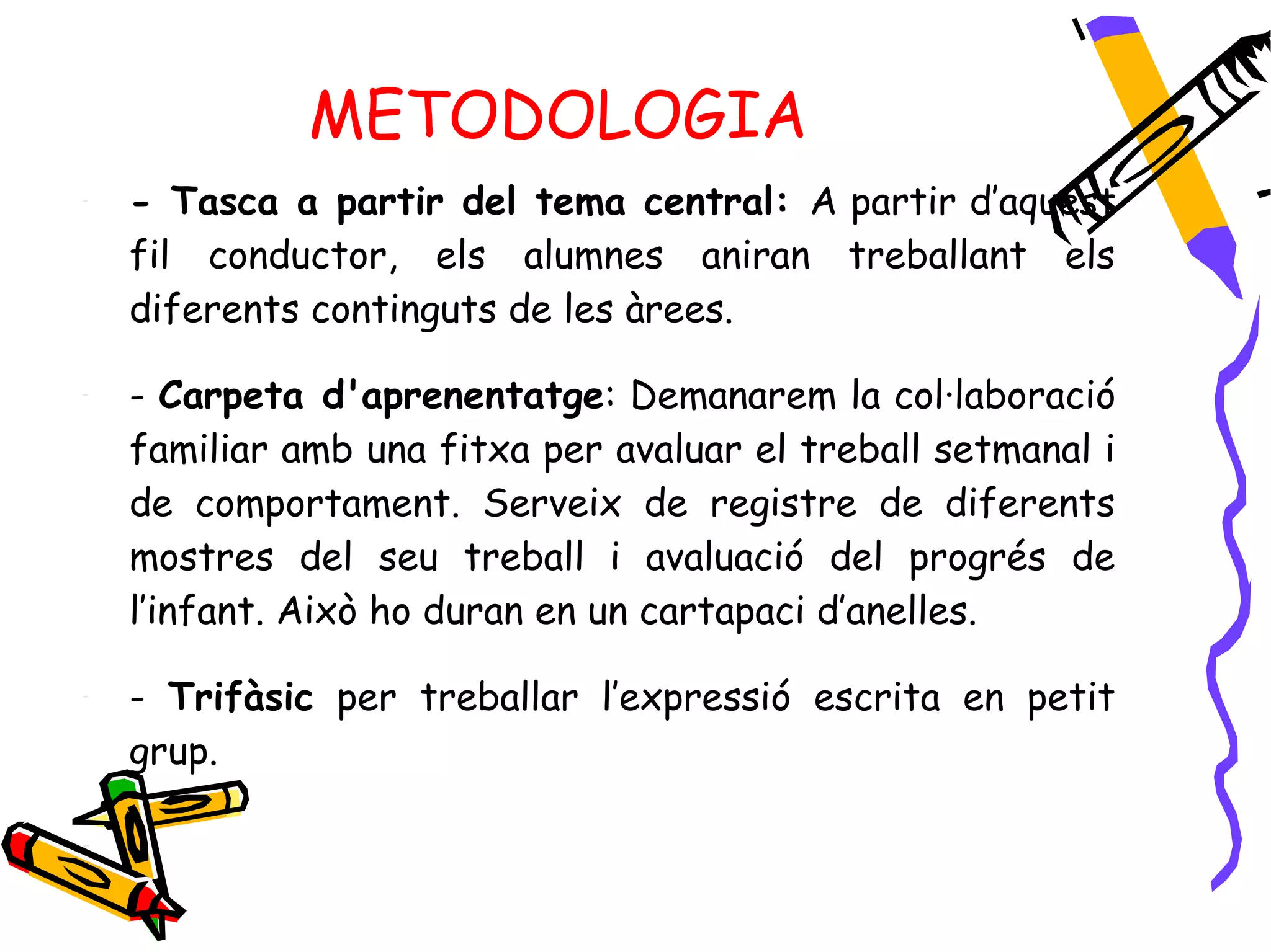 METODOLOGIA
-   - Tasca a partir del tema central: A partir d’aquest
    fil conductor, els alumnes aniran treballant els
    diferents continguts de les àrees.

-   - Carpeta d'aprenentatge: Demanarem la col·laboració
    familiar amb una fitxa per avaluar el treball setmanal i
    de comportament. Serveix de registre de diferents
    mostres del seu treball i avaluació del progrés de
    l’infant. Això ho duran en un cartapaci d’anelles.

-   - Trifàsic per treballar l’expressió escrita en petit
    grup.

-
 