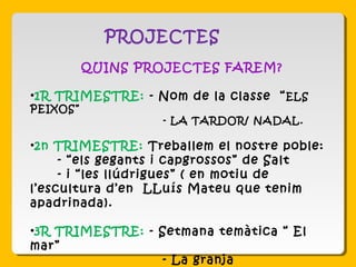 PROJECTES
QUINS PROJECTES FAREM?
•1R TRIMESTRE: - Nom de la classe “ELS
PEIXOS”
- LA TARDOR/ NADAL.
•2n TRIMESTRE: Treballem el nostre poble:
- “els gegants i capgrossos” de Salt
- i “les llúdrigues” ( en motiu de
l’escultura d’en LLuís Mateu que tenim
apadrinada).
•3R TRIMESTRE: - Setmana temàtica “ El
mar”
- La granja
 