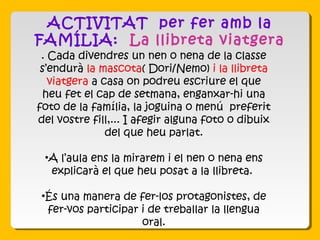 ACTIVITAT per fer amb la
FAMÍLIA: La llibreta viatgera
. Cada divendres un nen o nena de la classe
s’endurà la mascota( Dori/Nemo) i la llibreta
viatgera a casa on podreu escriure el que
heu fet el cap de setmana, enganxar-hi una
foto de la família, la joguina o menú preferit
del vostre fill,... I afegir alguna foto o dibuix
del que heu parlat.
•A l’aula ens la mirarem i el nen o nena ens
explicarà el que heu posat a la llibreta.
•És una manera de fer-los protagonistes, de
fer-vos participar i de treballar la llengua
oral.
 