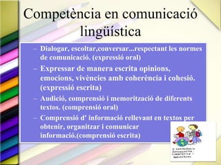 Competència en comunicació lingüísticaDialogar, escoltar,conversar...respectant les normes de comunicació. (expressió oral)Expressar de manera escrita opinions, emocions, vivències amb coherència i cohesió. (expressió escrita)Audició, comprensió i memorització de diferents textos. (comprensió oral)Comprensió d' informació rellevant en textos per obtenir, organitzar i comunicar informació.(comprensió escrita)