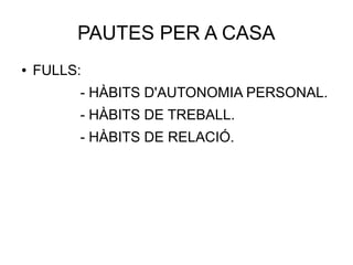 PAUTES PER A CASA
● FULLS:
- HÀBITS D'AUTONOMIA PERSONAL.
- HÀBITS DE TREBALL.
- HÀBITS DE RELACIÓ.
 