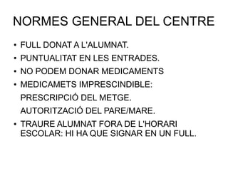 NORMES GENERAL DEL CENTRE
● FULL DONAT A L'ALUMNAT.
● PUNTUALITAT EN LES ENTRADES.
● NO PODEM DONAR MEDICAMENTS
● MEDICAMETS IMPRESCINDIBLE:
PRESCRIPCIÓ DEL METGE.
AUTORITZACIÓ DEL PARE/MARE.
● TRAURE ALUMNAT FORA DE L'HORARI
ESCOLAR: HI HA QUE SIGNAR EN UN FULL.
 