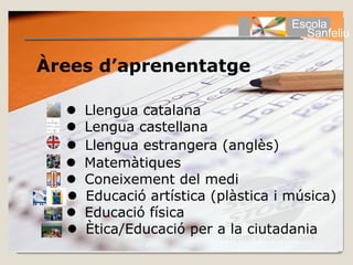 Escola
                                     Sanfeliu

Àrees d’aprenentatge

   Llengua catalana
   Lengua castellana
   Llengua estrangera (anglès)
   Matemàtiques
   Coneixement del medi
   Educació artística (plàstica i música)
   Educació física
   Ètica/Educació per a la ciutadania
 
