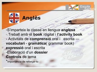 Escola
                                                 Sanfeliu

          Anglès

-S’imparteix la classe en llengua anglesa
-- Treball amb el book /digital i l’activity book

- Activitats de comprensió oral i escrita ---
vocabulari - gramàtica( grammar book)
expressió oral i escrita
-Elaboració d’un dossier
Controls de tema
*Importància de reforçar-lo
 