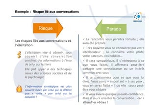 L’informa:on	
   stratégique	
   est	
   plus	
  
souvent	
  livrée	
  par	
  celui	
  qui	
  la	
  dé:ent	
  
que	
   «	
   volée	
   »	
   par	
   celui	
   qui	
   la	
  
convoite	
  !	
  
Risque Parade
Exemple : Risque lié aux conversations
 