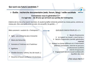  	
  
Connaissez vous la génération Z ?
il s’agit des – de 20 ans qui arrivent aux portes de l’entreprise.
Ø  Besoin	
  d’autonomie	
  
Ø  Le	
  rapport	
  au	
  travail	
  «	
  court	
  terme	
  »	
  
Ø  Besoin	
  d’apprendre	
  (variété,	
  généra/on	
  
zapping)	
  
Ø  Rapport	
  au	
  temps	
  diﬀérent	
  et	
  à	
  l’informa/on	
  
diﬀérent	
  (immédiate,	
  internet	
  et	
  parcours	
  
professionnel	
  accéléré)	
  
Ø  	
  Liberté	
  d’expression	
  
Ø  Engagement	
  dans	
  le	
  travail	
  (collabora/f,	
  
équilibre	
  des	
  vies)	
  
Enfants	
  de	
  la	
  crise,	
  d’un	
  avenir	
  incertain,	
  ils	
  veulent	
  proﬁter	
  à	
  fond	
  du	
  présent	
  au	
  niveau	
  perso,	
  comme	
  au	
  
niveau	
  pro.	
  Etes	
  vous	
  prêts	
  à	
  les	
  recruter,	
  les	
  accueillir,	
  les	
  garder,…	
  ?	
  	
  
	
  
	
  
Mais	
  comment	
  «	
  veulent-­‐ils	
  »	
  l’entreprise	
  ?	
   	
   	
   	
   	
   	
  QUELQUES	
  ENJEUX	
  POUR	
  LES	
  «	
  Z	
  »	
  
ü  Agile	
  :	
  une	
  entreprise	
  plus	
  innovante	
  	
  
ü  Moins	
  de	
  hiérarchie	
  
ü  Humaine	
  à	
  l’intérieur	
  et	
  à	
  l’extérieur	
  
ü  Egalitaire	
  
ü  Flexible	
  (horaire,	
  rythme,	
  lieu	
  de	
  travail…)	
  
ü  Ouverte	
  et	
  faisant	
  conﬁance	
  à	
  la	
  jeunesse	
  
Qui sont vos futurs candidats ?
Ø  Outils : recherche documentaire (web, forum, blog) / veille sociétale
ÊTES	
  VOUS	
  PRETS	
  ?	
  	
  
 