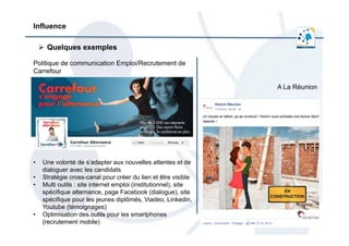 Influence
Ø  Quelques exemples
	
  	
  
Politique de communication Emploi/Recrutement de
Carrefour
•  Une volonté de s’adapter aux nouvelles attentes et de
dialoguer avec les candidats
•  Stratégie cross-canal pour créer du lien et être visible
•  Multi outils : site internet emploi (institutionnel), site
spécifique alternance, page Facebook (dialogue), site
spécifique pour les jeunes diplômés, Viadeo, Linkedin,
Youtube (témoignages)
•  Optimisation des outils pour les smartphones
(recrutement mobile)
A La Réunion
 