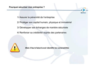  	
  
Pourquoi sécuriser mon entreprise ?
1/ Assurer la pérennité de l’entreprise
2/ Protéger son capital humain, physique et immatériel
3/ Développer ses échanges de manière sécurisée
4/ Renforcer sa crédibilité auprès des partenaires
Mais il faut d’abord avoir identifié les vulnérabilités
 