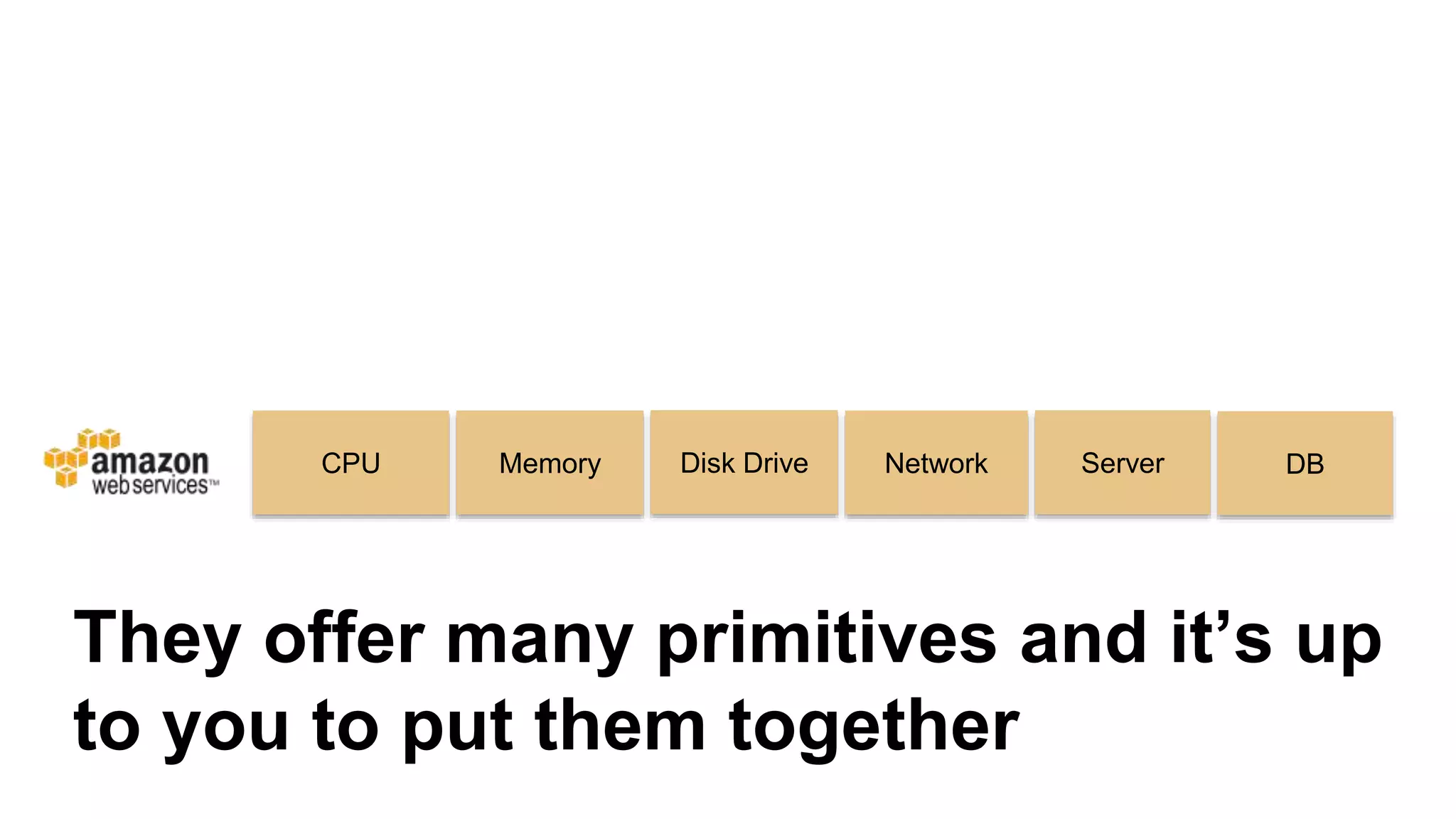 They offer many primitives and it’s up
to you to put them together
CPU Memory Disk Drive Network Server DB
 