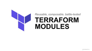 Reusable, composable, battle-tested
TERRAFORM
MODULES
gruntwork.io
 