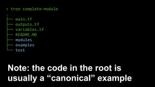 Note: the code in the root is
usually a “canonical” example
> tree complete-module
.
├── main.tf
├── outputs.tf
├── variables.tf
├── README.MD
├── modules
├── examples
└── test
 