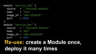 module "service_foo" {
source = "./minimal-module"
name = "Foo"
image_id = "ami-123asd1"
port = 8080
}
module "service_bar" {
source = "./minimal-module"
name = "Bar"
image_id = "ami-abcd1234"
port = 9091
}
Re-use: create a Module once,
deploy it many times
 