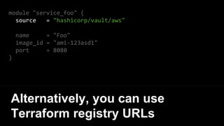 module "service_foo" {
source = "hashicorp/vault/aws"
name = "Foo"
image_id = "ami-123asd1"
port = 8080
}
Alternatively, you can use
Terraform registry URLs
 