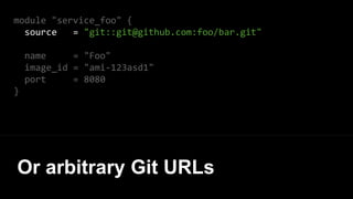 module "service_foo" {
source = "git::git@github.com:foo/bar.git"
name = "Foo"
image_id = "ami-123asd1"
port = 8080
}
Or arbitrary Git URLs
 