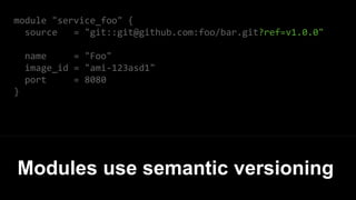 module "service_foo" {
source = "git::git@github.com:foo/bar.git?ref=v1.0.0"
name = "Foo"
image_id = "ami-123asd1"
port = 8080
}
Modules use semantic versioning
 
