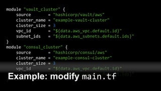 module "vault_cluster" {
source = "hashicorp/vault/aws"
cluster_name = "example-vault-cluster"
cluster_size = 3
vpc_id = "${data.aws_vpc.default.id}"
subnet_ids = "${data.aws_subnets.default.ids}"
}
module "consul_cluster" {
source = "hashicorp/consul/aws"
cluster_name = "example-consul-cluster"
cluster_size = 3
vpc_id = "${data.aws_vpc.default.id}"
subnet_ids = "${data.aws_subnets.default.ids}"
}Example: modify main.tf
 
