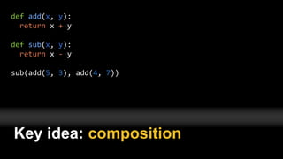 def add(x, y):
return x + y
def sub(x, y):
return x - y
sub(add(5, 3), add(4, 7))
Key idea: composition
 