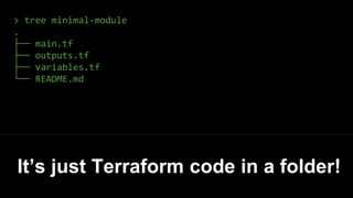 > tree minimal-module
.
├── main.tf
├── outputs.tf
├── variables.tf
└── README.md
It’s just Terraform code in a folder!
 