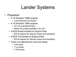 Lander Systems
• Propulsion
– 4 +Z Direction 10Klb engines
• Lunar Descent and Ascent
– 4 +X Direction 10lkb engines
• For LOI and Deorbit Burn
• Allows for g loads eyeballs in for LOI
– 4 RCS Quads located on Engine Pods
• 870 lb engines for attitude control and translation
– 4 RCS Tris located on Engine Pods
• 870 lb engines for attitude control and translation
– Tanks not optimized for size and shape
• 3 He tanks
• 7 Lox tanks
• 7 CH4 tanks
 
