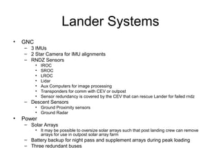 Lander Systems
• GNC
– 3 IMUs
– 2 Star Camera for IMU alignments
– RNDZ Sensors
• IROC
• SROC
• LROC
• Lidar
• Aux Computers for image processing
• Transponders for comm with CEV or outpost
• Sensor redundancy is covered by the CEV that can rescue Lander for failed rndz
– Descent Sensors
• Ground Proximity sensors
• Ground Radar
• Power
– Solar Arrays
• It may be possible to oversize solar arrays such that post landing crew can remove
arrays for use in outpost solar array farm
– Battery backup for night pass and supplement arrays during peak loading
– Three redundant buses
 