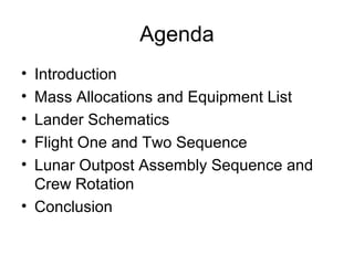 Agenda
• Introduction
• Mass Allocations and Equipment List
• Lander Schematics
• Flight One and Two Sequence
• Lunar Outpost Assembly Sequence and
Crew Rotation
• Conclusion
 