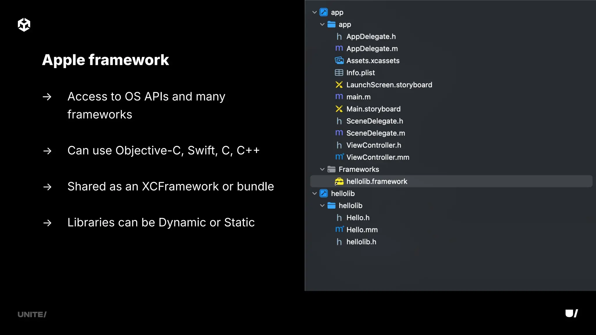 → Access to OS APIs and many
frameworks
→ Can use Objective-C, Swift, C, C
→ Shared as an XCFramework or bundle
→ Libraries can be Dynamic or Static
Apple framework
 