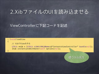 ViewControllerに下記コードを記述
2.XibファイルのUIを読み込ませる
- (void)loadView
{
// XibでViewを作る
UINib *nib = [UINib nibWithNibName:@"ContentsViewController" bundle:nil];
[nib instantiateWithOwner:self options:nil];
}
使うXib名を
 