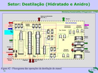 Workshop Sustainability of Sugarcane – CTBE
Setor: Destilação (Hidratado e Anidro)
Vinho
Óleo alto e Óleo
fúsel
Gases incondensáveis
(CO2, SO2, ...)
D
Álcool 2ª
Setor de Destilação
Etanol
Anidro
Tanques
Medidores
Tq
de Álcool
Tqs . Pulmão
Colunas de
Deionização
Água
Fria
Conden-
sadores
B C
R R E E1 E2
Água
Quente
Vapor de
escape
Vinhaça
P
H H1
I
O O
Flegmaça
Etanol
Hidratado
B C
P
Etanol
Anidro
K
N N
Tanques
Medidores
Tq. de Etanol
Etanol
Hidratado
‘
Ciclo-
hexano
R1
I1
A
Condensado
Figura 42 - Fluxograma das operações da destilação do etanol.
13
 