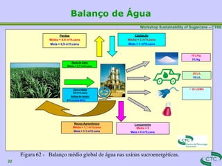 Workshop Sustainability of Sugarcane – CTBE
Balanço de Água
Figura 62 - Balanço médio global de água nas usinas sucroenergéticas.
Captação
Média = 2 m3/t.cana
Meta = 1 m3/t.cana
Água da Cana
Média = 0,7 m3/t.cana
Lançamento
Média = 0
Meta = 0 m3/t.cana
Reúso Agronômico
Média = 1,1 m3/t.cana
Meta = 1,1 m3/t.cana
Perdas
Média = 0,9 m3/t.cana
Meta = 0,9 m3/t.cana
Uso e reúso
22 m3/t.cana
Índice de reúso:
• 91% (meta 95%)
20 L/L
10 L/L
22
10 L/kg
5 L/kg
~ 18 L/kWh
 