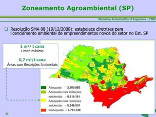 Workshop Sustainability of Sugarcane – CTBE
Zoneamento Agroambiental (SP)
 Resolução SMA 88 (19/12/2008): estabelece diretrizes para
licenciamento ambiental de empreendimentos novos do setor no Est. SP
1 m3/ t cana
Limite máximo
0,7 m3/t cana
Áreas com Restrições Ambientais
27
 