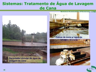 Workshop Sustainability of Sugarcane – CTBE
Sistemas: Tratamento de Água de Lavagem
de Cana
Decantador circular de água de
lavagem de cana
30
Caixas de areia p/ água de
lavagem de cana
 